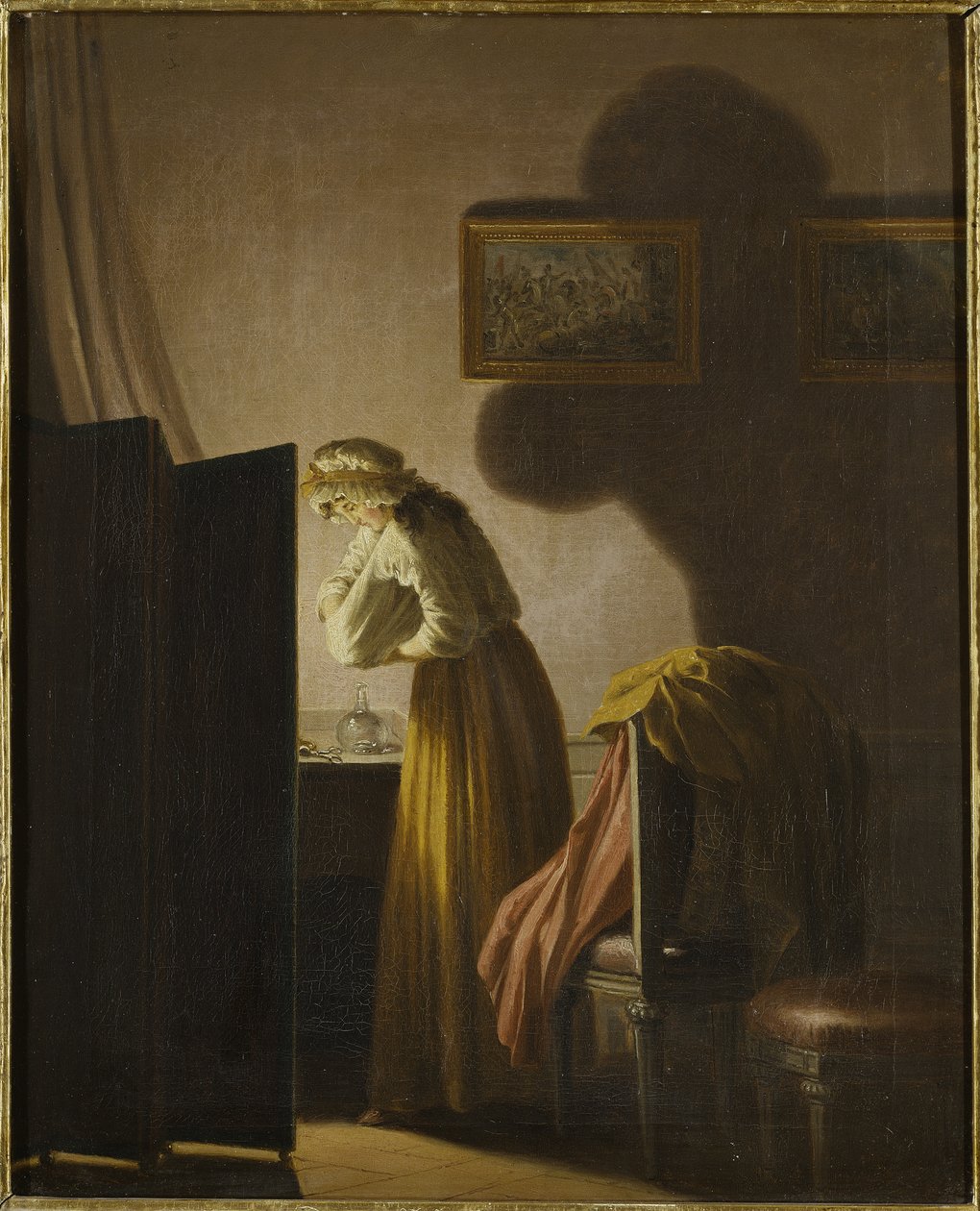 Une femme attrapant des puces a la lumiere de la bougie - Kobieta łapiąca pchły przy świecach, autorstwa Hillestroma, Pehr (1732-1816). Olej na płótnie. Wymiar : 51,5x42,5 cm. Muzeum Narodowe w Sztokholmie autorstwa Pehr Hilleström