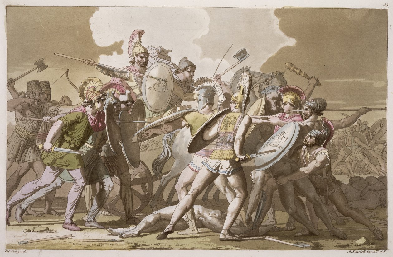 Grecy i Trojanie walczą o ciało Patroklosa, płyta 34 z „Le Costume Ancien et Moderne” Julesa Ferrario, rycina Angelo Biasioli (1790-1830) wydana w latach 20.-30. XIX wieku autorstwa Pelagio Palagi