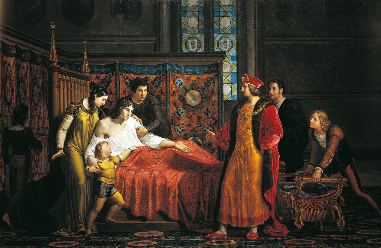 Karol VIII odwiedza umierającego Gian Galeazzo Sforza w zamku w Pawii autorstwa Pelagio Palagi