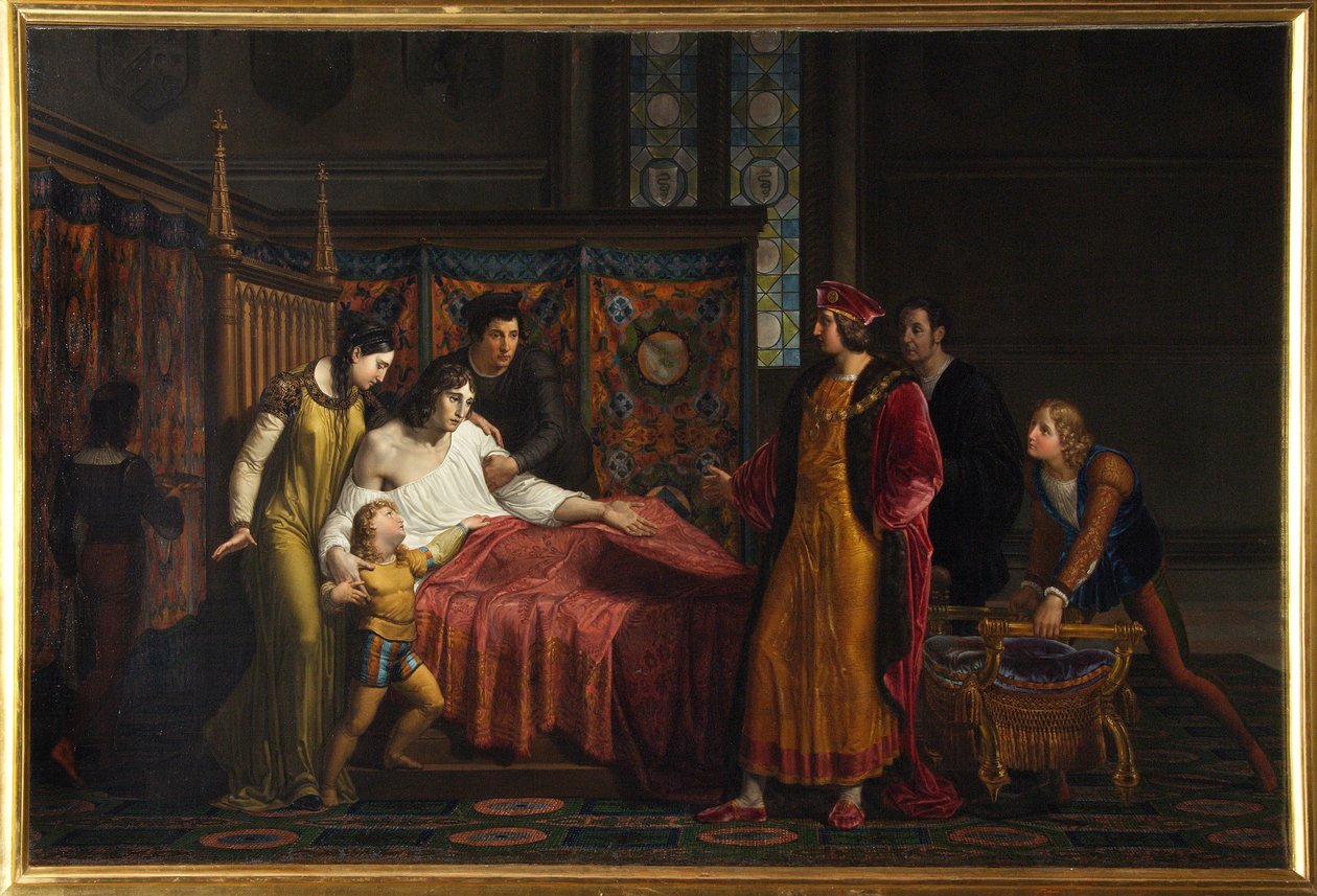 Karol VIII odwiedzający umierającego Gian Galeazzo Sforza na zamku w Pawii autorstwa Pelagio Palagi