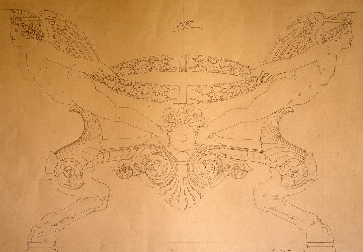 Rysunek stołka w kształcie kopyta z nogami, ok. 1837 (rysunek) autorstwa Pelagio Palagi