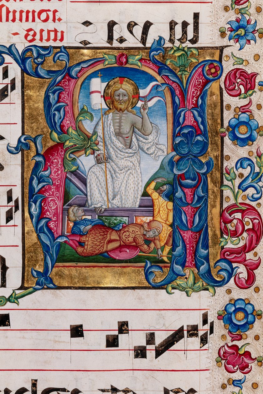 Biblioteka Piccolomini: księga chóralna, dorsz. 101,7, n. 14r ze „Zmartwychwstaniem Chrystusa” Pellegrino di Mariano. Szczegół. autorstwa Pellegrino di Mariano
