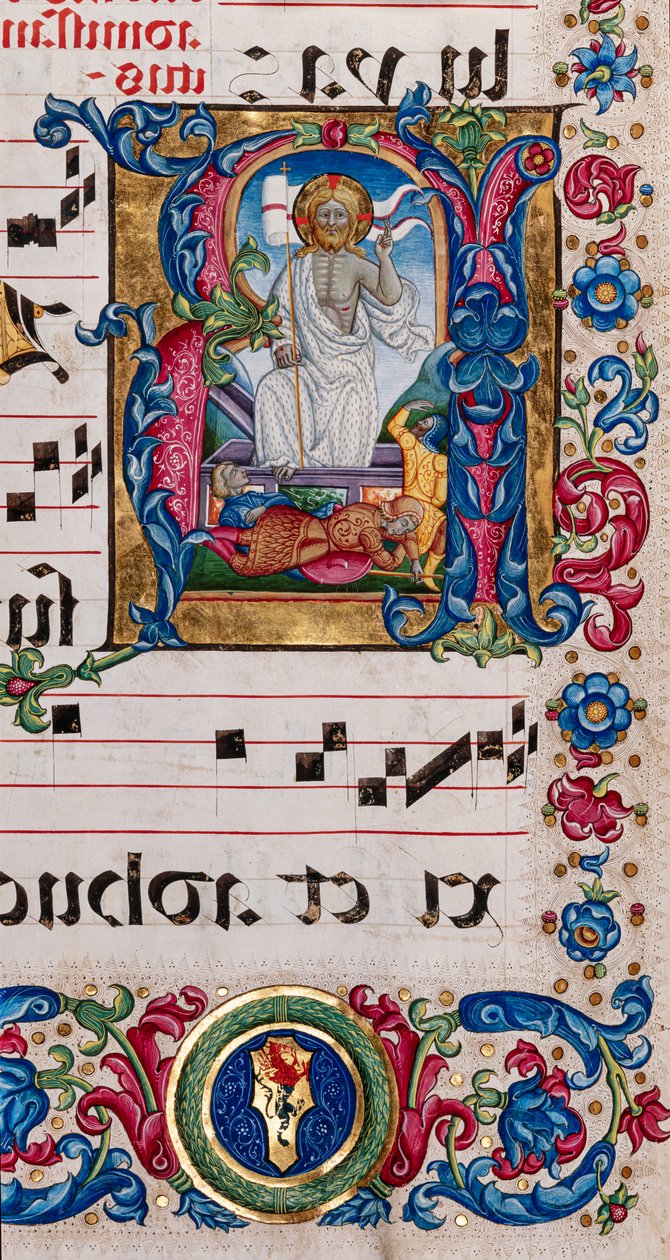 Biblioteka Piccolomini: księga chóralna, dorsz. 101,7, n. 14r ze „Zmartwychwstaniem Chrystusa” Pellegrino di Mariano. autorstwa Pellegrino di Mariano