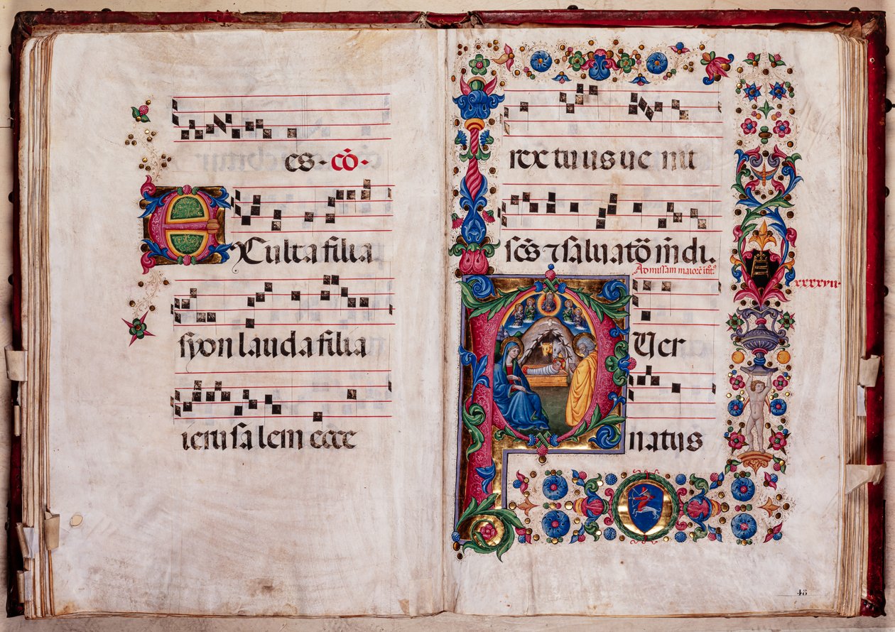 Biblioteka Piccolomini: księga chóralna, dorsz. 102,8, nn. 47v-48r z „Narodzeniem” Pellegrino di Mariano. autorstwa Pellegrino di Mariano