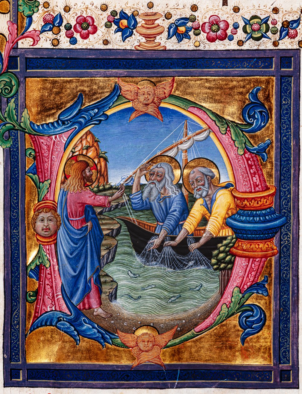 Biblioteka Piccolomini: księga chóralna, dorsz. 11.M, ff. 4rz „Wezwaniem św. Piotra i św. Andrzeja” Pellegrino di Mariano. Szczegół. autorstwa Pellegrino di Mariano