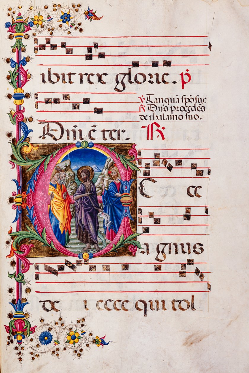 Biblioteka Piccolomini: księga chóralna, dorsz. 2.B, nn. 105r z „Głoszeniem św. Jana Chrzciciela” Pellegrino di Mariano. autorstwa Pellegrino di Mariano