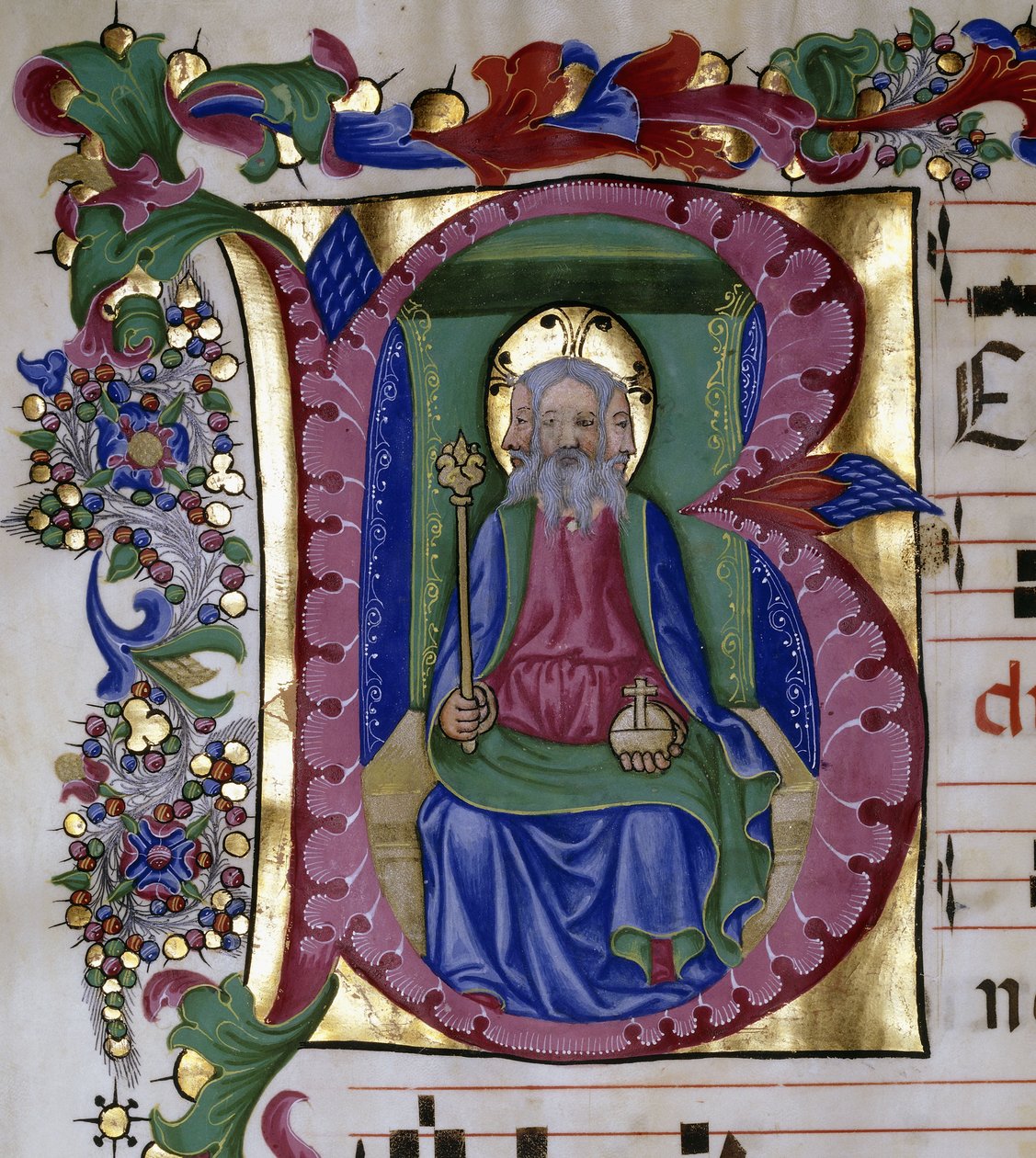 Trójca Święta: Bóg Ojciec w Jego Królewskiej Mości na tronie, trzymający kulę i berło, reprezentowany przez trzy twarze, w inicjale „B”, ok. 1480 autorstwa Pellegrino di Mariano