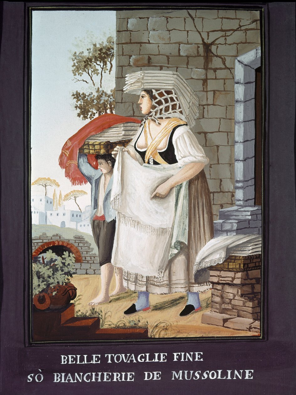 Petity Metier Neapolitan: wędrowny sprzedawca obrusów i bielizny - (Stary handel: sprzedawca obrusów i bielizny) Obraz Pelliccia XIX-wieczne Museo Nazionale di San Martino Neapol autorstwa Pelliccia