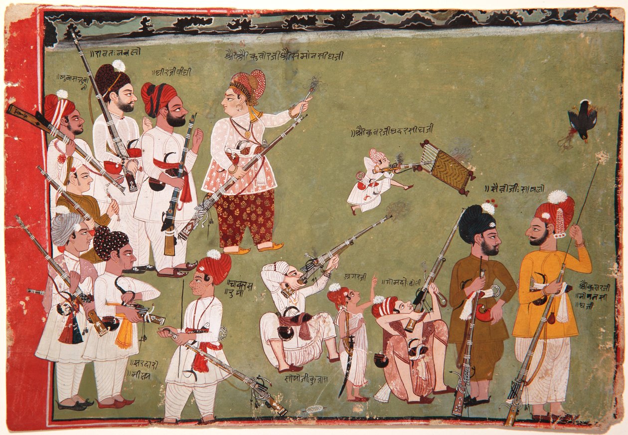 Adar Singh i Saman Singh strzelający do ptaków, ok. 1790 (papier i złoto) autorstwa Pemji