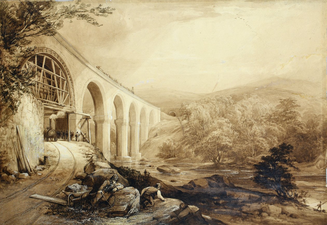 Wiadukt Quakers Yard, ok. 1840 r. (długopis i pranie na papierze) autorstwa Penry Williams