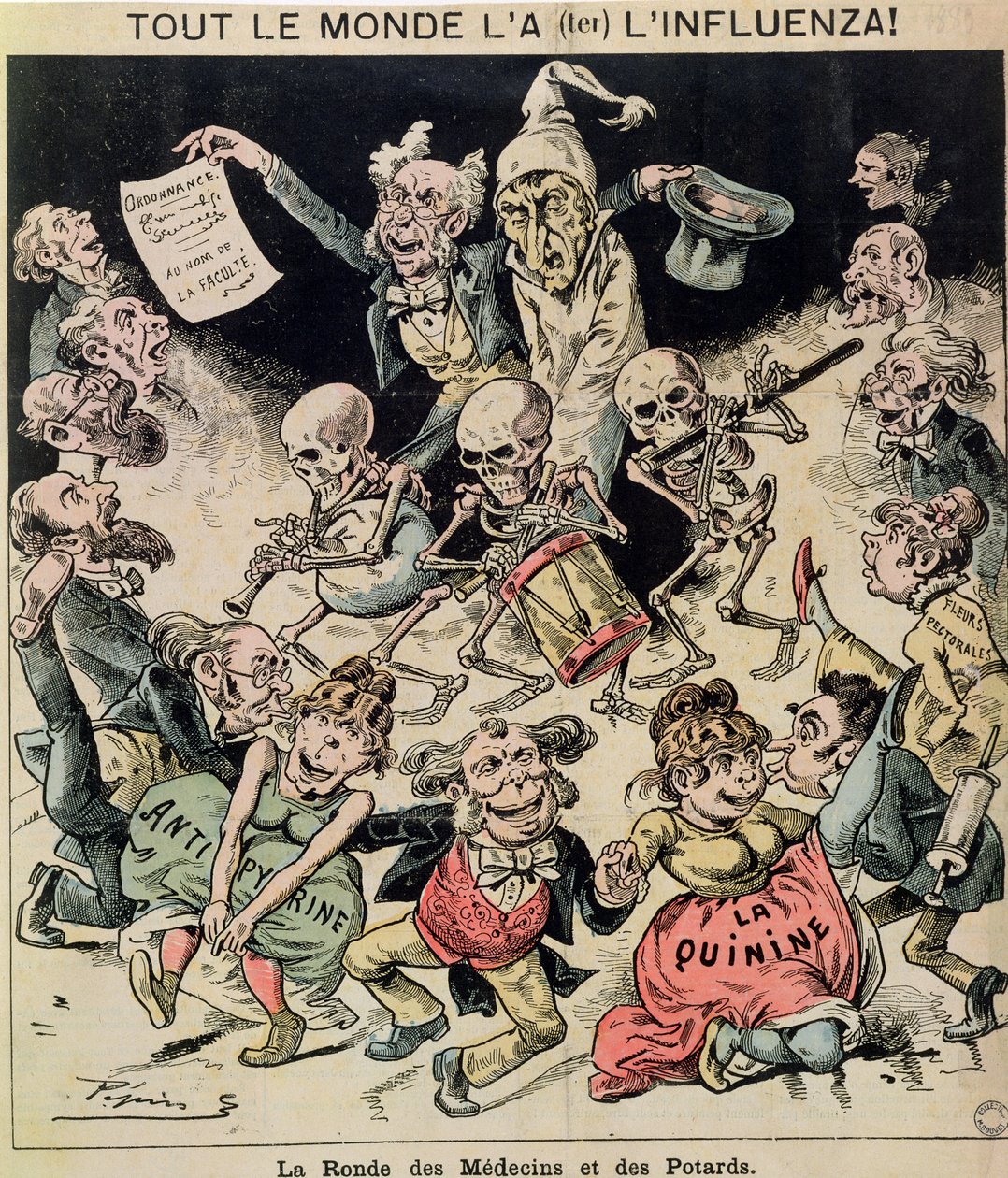 Karykatura epidemii grypy z 1820 r., ok. 1889 r. autorstwa Pepin