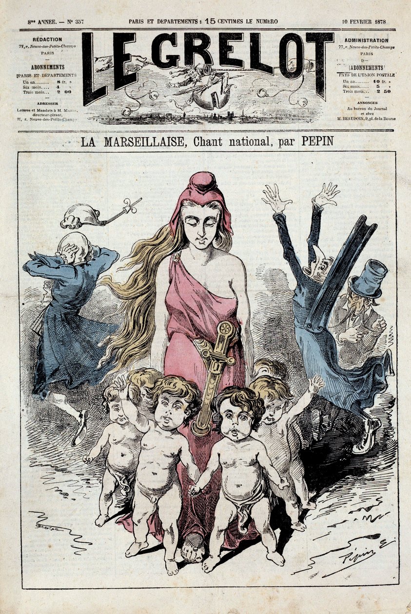 Jeden z „”Dzwon”” reprezentujący alegorię hymnu narodowego „”La Marseillaise””””””””””, gdy szlachta zatyka uszy podczas ucieczki. Ilustracja autorstwa Pepina. 10.02.1878. Prywatna kolekcja autorstwa Pepin