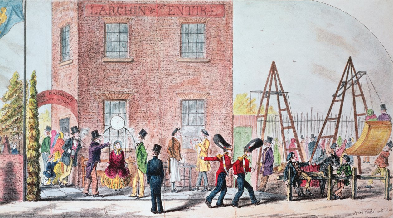 Jarmark (huśtawki) w tawernie Primrose, Chalk Farm (druk) autorstwa Percy Cruikshank