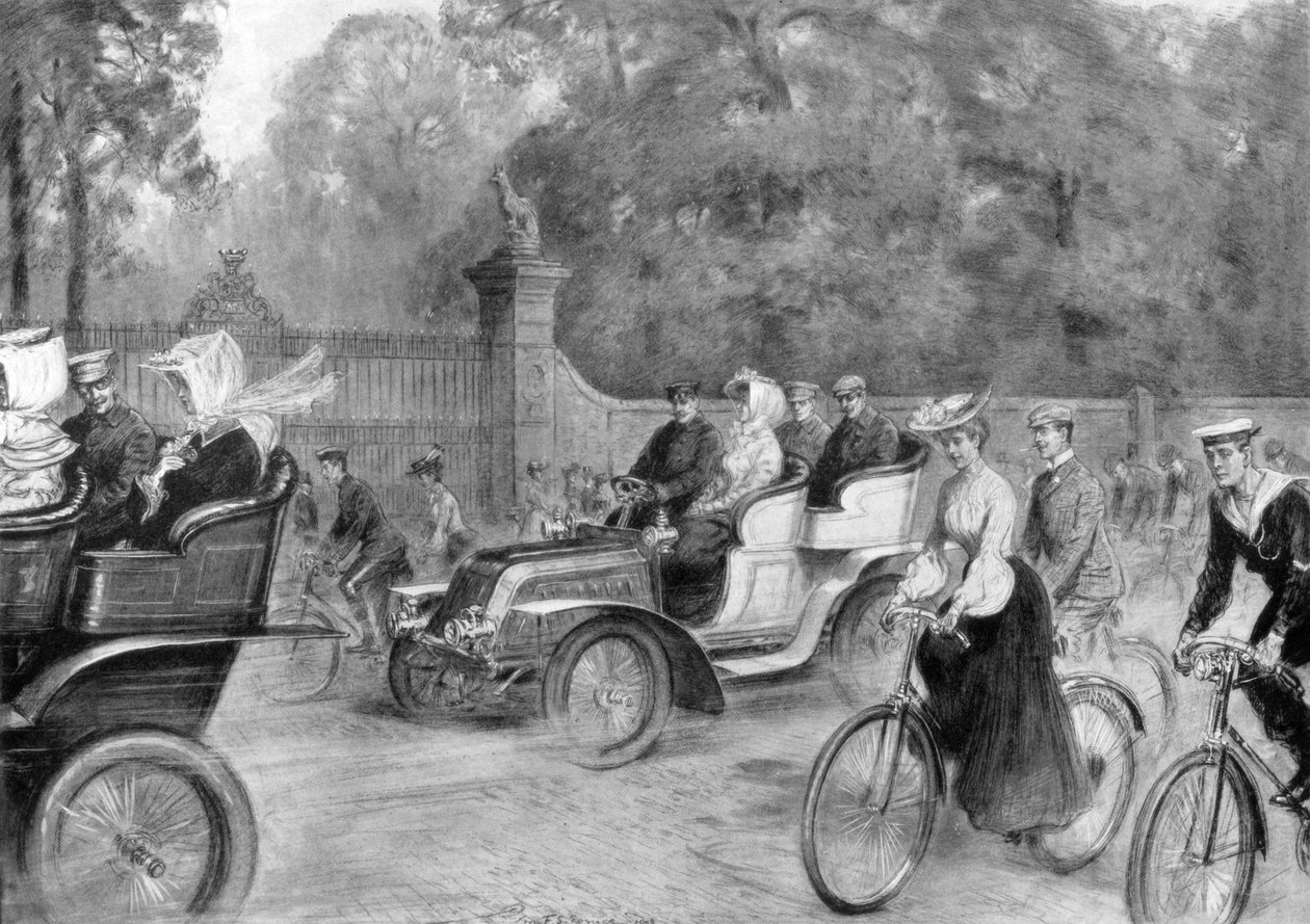 Silniki i rowery na Kensington High Street, Londyn, 1903 r. autorstwa Percy F.S. Spence