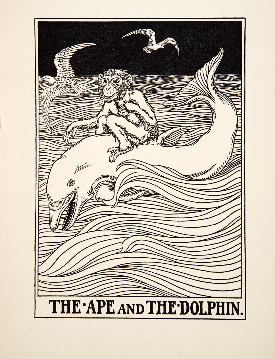 Małpa i delfin, z Stu bajek Ezopa, wyd. 1903 autorstwa Percy J. Billingshurst