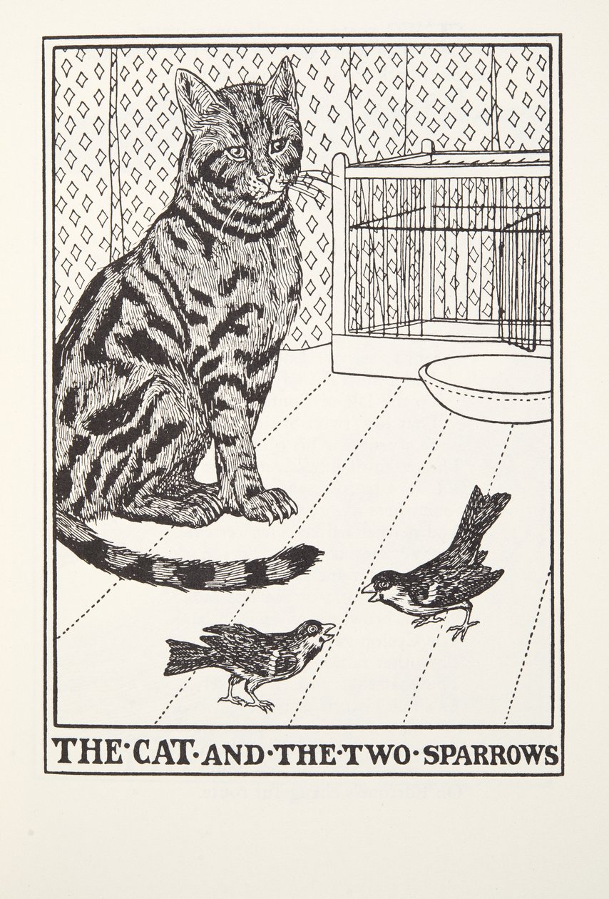 Kot i dwa wróble, z Fontaine Fables, wyd. 1905 autorstwa Percy J. Billingshurst