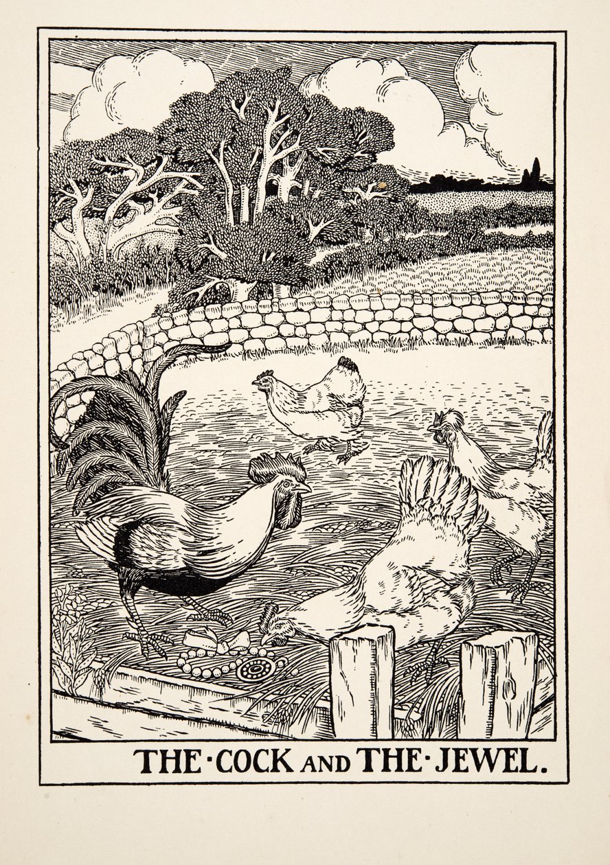 Kogut i klejnot, z Stu bajek Ezopa, wyd. 1903 autorstwa Percy J. Billingshurst