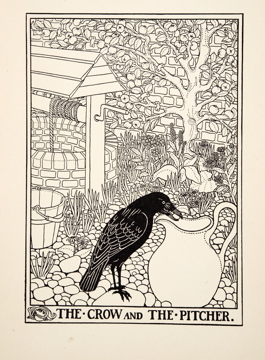 Wrona i dzban, z Stu bajek Ezopa, wyd. 1903 autorstwa Percy J. Billingshurst