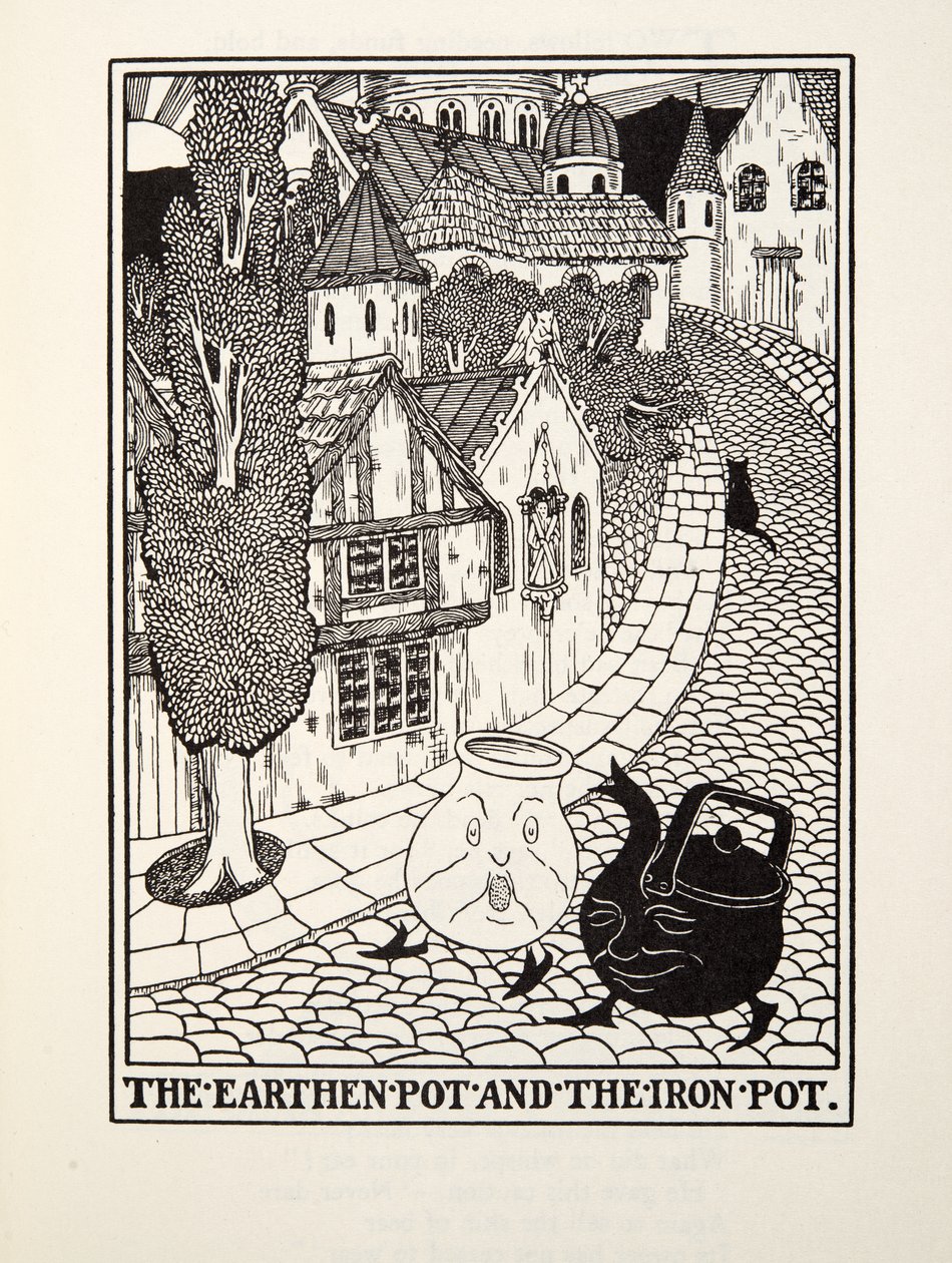 The Earthen Pot and the Iron Pot, z Fontaine Fables, wyd. 1905 autorstwa Percy J. Billingshurst
