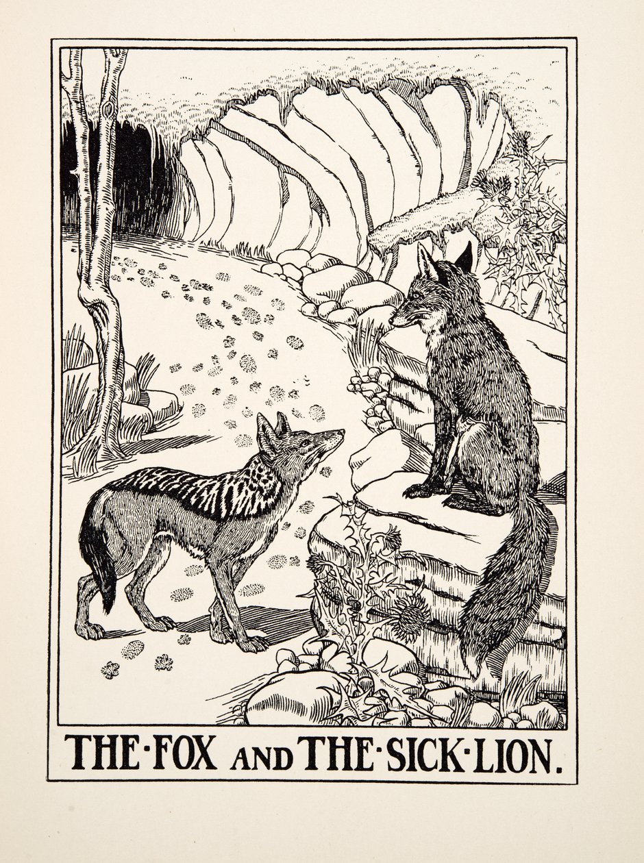 Lis i chory lew, z Stu bajek Ezopa, wyd. 1903 (rycina) autorstwa Percy J. Billingshurst
