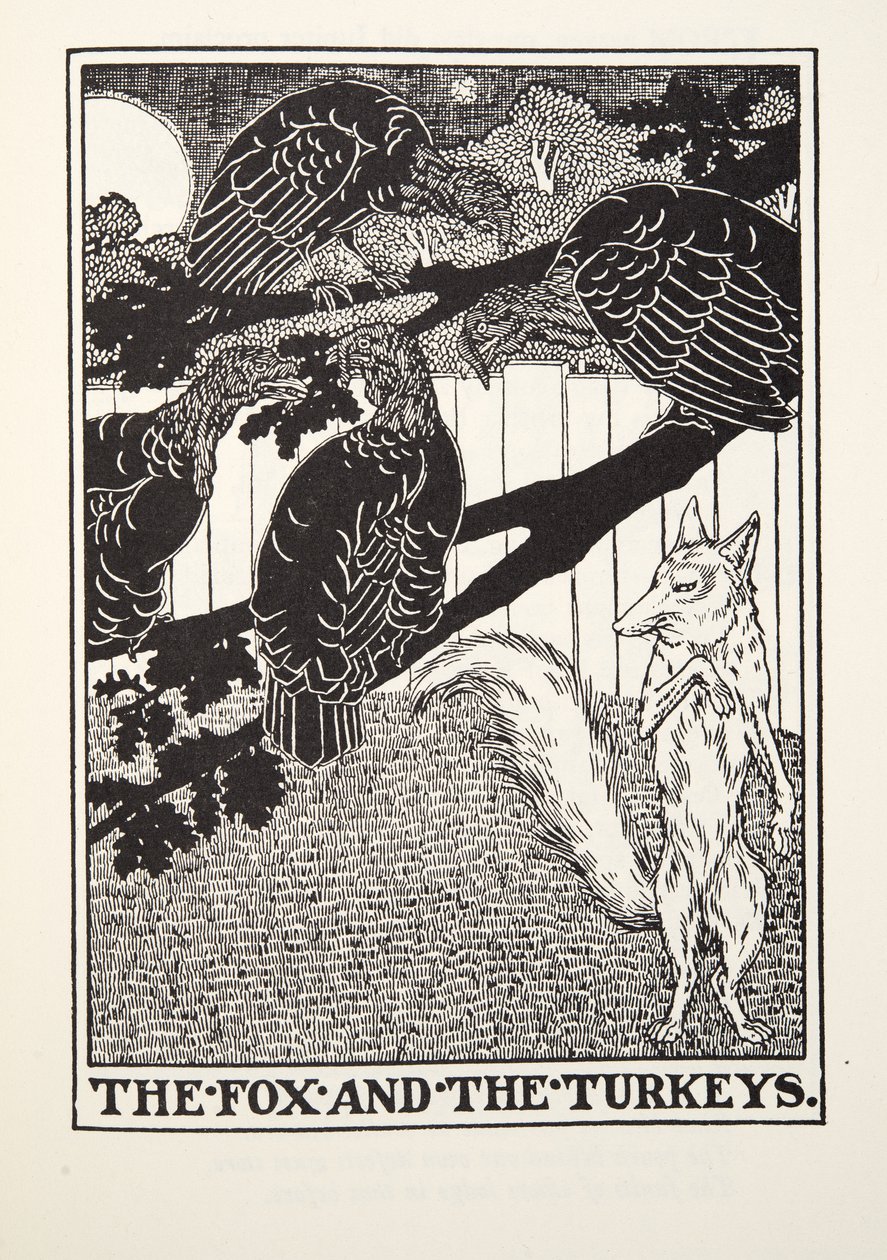 The Fox and the Turkeys, z Fontaine Fables, wyd. 1905 autorstwa Percy J. Billingshurst