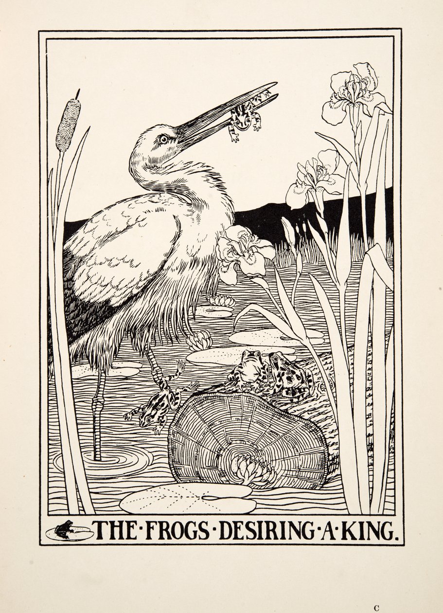 Żaby pragnące króla, ze stu bajek Ezopa, wyd. 1903 autorstwa Percy J. Billingshurst