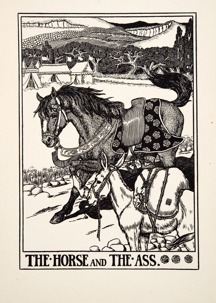 Koń i osioł, z Stu bajek Ezopa, wyd. 1903 autorstwa Percy J. Billingshurst