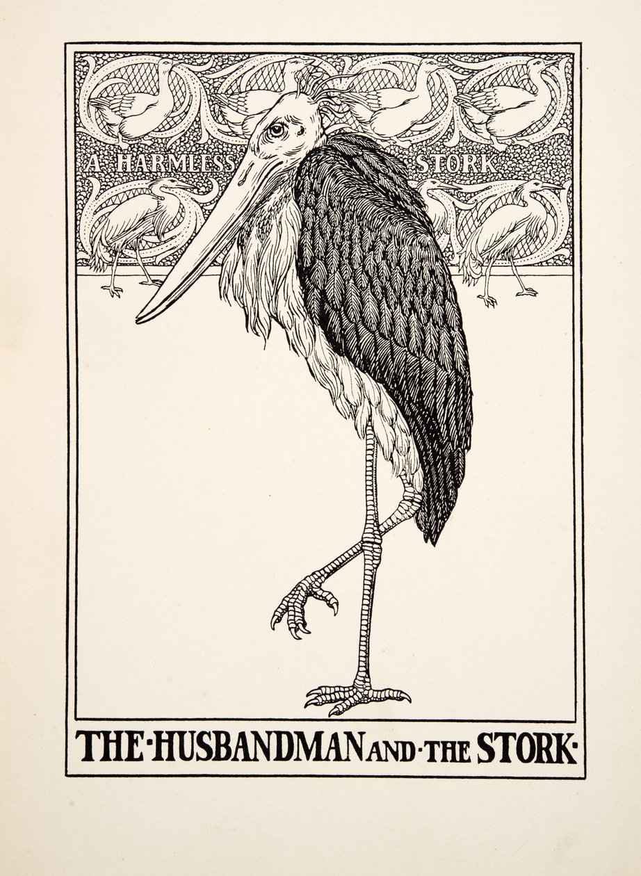 Mąż i bocian, ze Stu bajek Ezopa, wyd. 1903 autorstwa Percy J. Billingshurst
