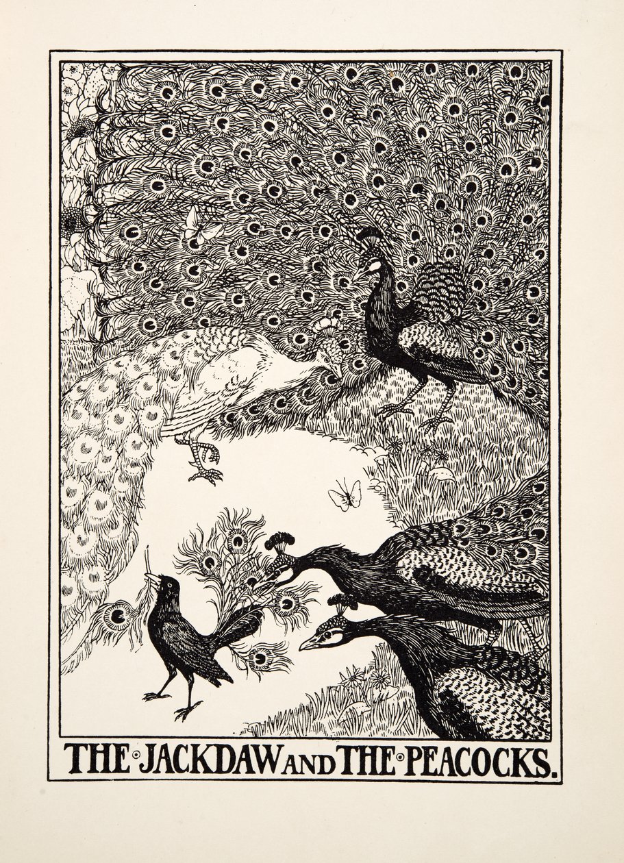 Kawka i pawie, z Stu bajek Ezopa, wyd. 1903 autorstwa Percy J. Billingshurst