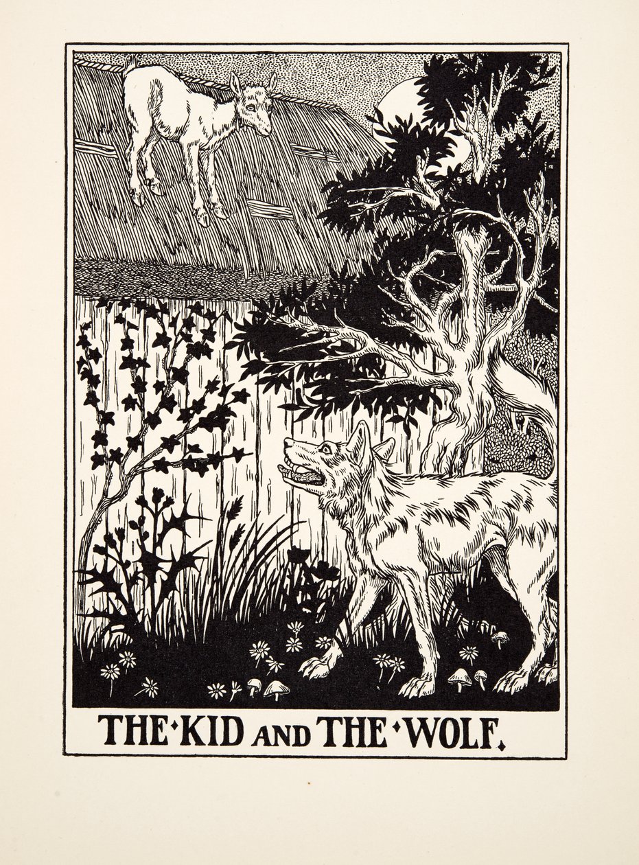 The Kid and the Wolf, z Stu bajek Ezopa, wyd. 1903 autorstwa Percy J. Billingshurst