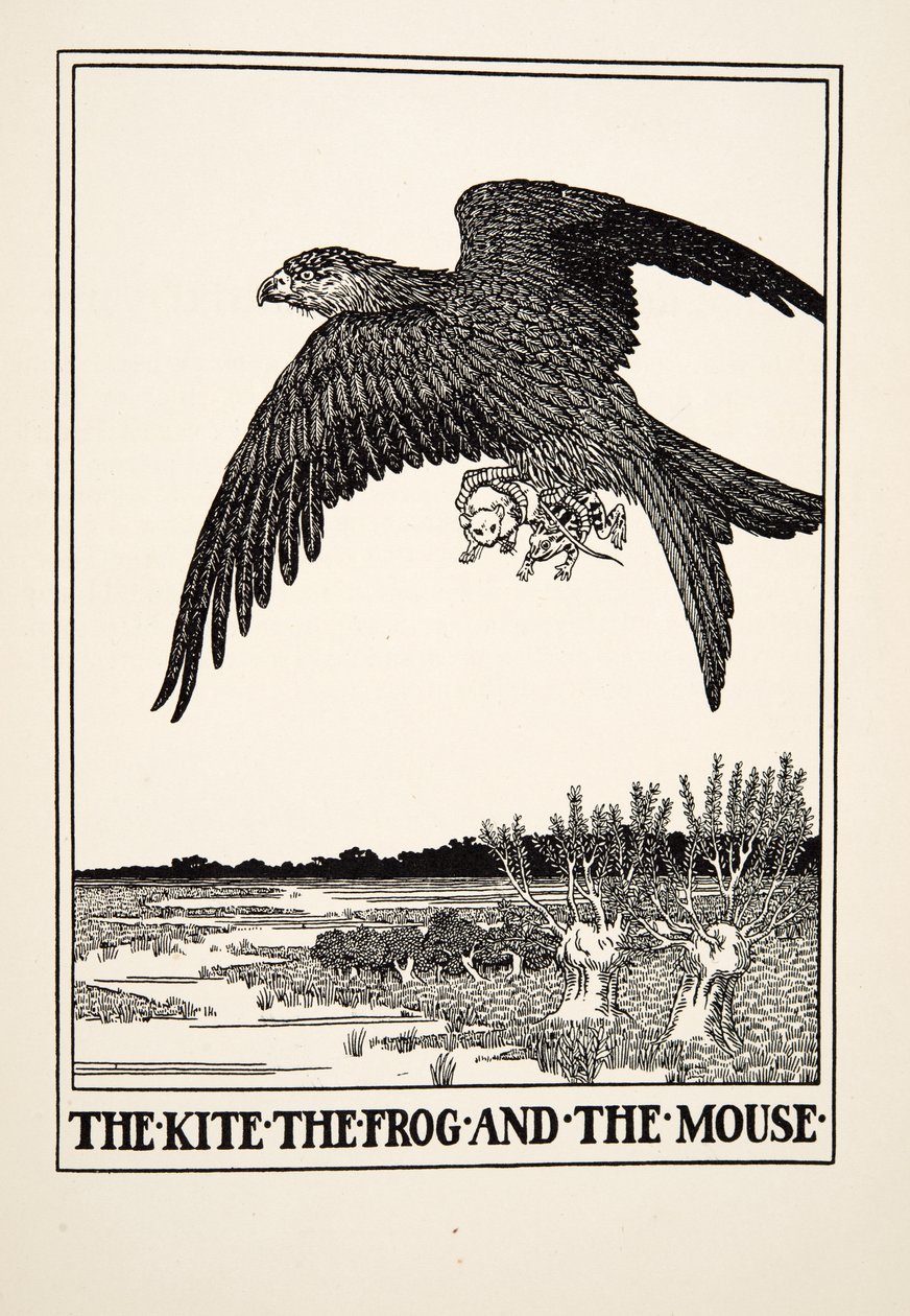 Latawiec, żaba i mysz, z Stu bajek Ezopa, wyd. 1903 autorstwa Percy J. Billingshurst