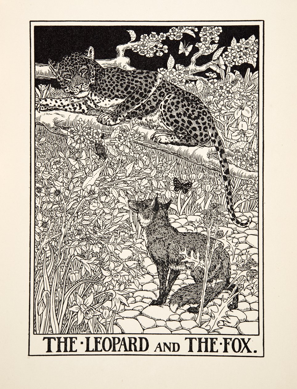 Lampart i lis, z Stu bajek Ezopa, wyd. 1903 autorstwa Percy J. Billingshurst