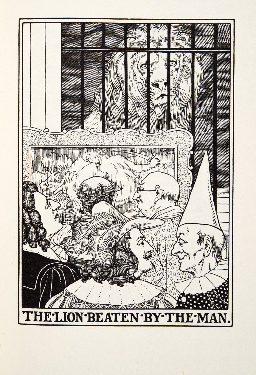 Lew pobity przez człowieka, z Fontaine Fables, wyd. 1905 autorstwa Percy J. Billingshurst