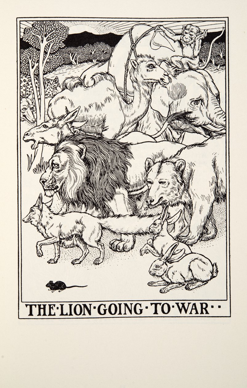 Lew idący na wojnę, z Fontaine Fables, wyd. 1905 autorstwa Percy J. Billingshurst