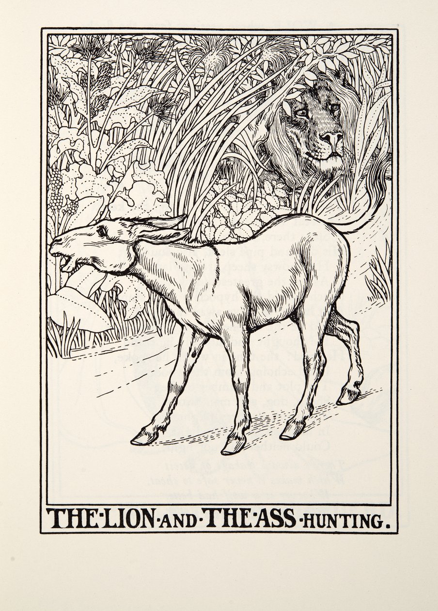 The Lion and The Ass Hunting, z Fontaine Fables, wyd. 1905 autorstwa Percy J. Billingshurst