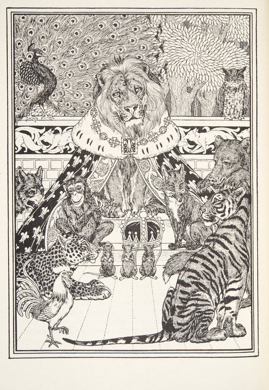 Lew i jego współpracownicy, Frontispiece, z Fontaine Fables, wyd. 1905 autorstwa Percy J. Billingshurst