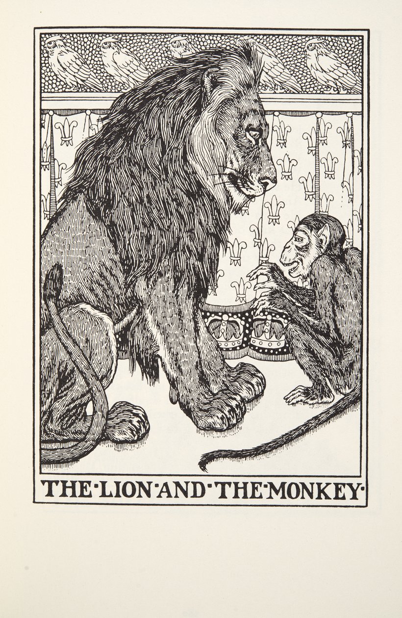 Lew i małpa, z Fontaine Fables, wyd. 1905 autorstwa Percy J. Billingshurst