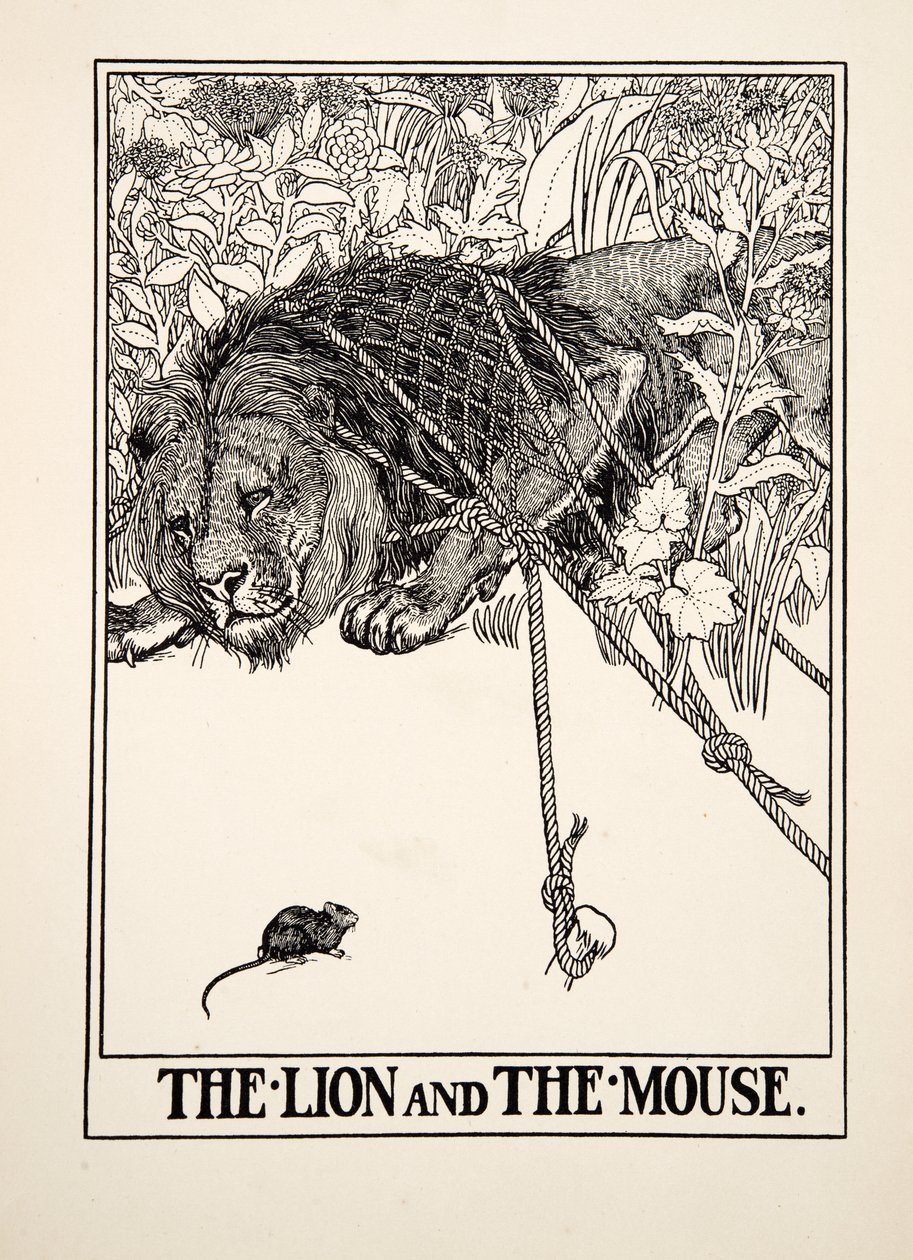 Lew i mysz, z Stu bajek Ezopa, wyd. 1903 autorstwa Percy J. Billingshurst