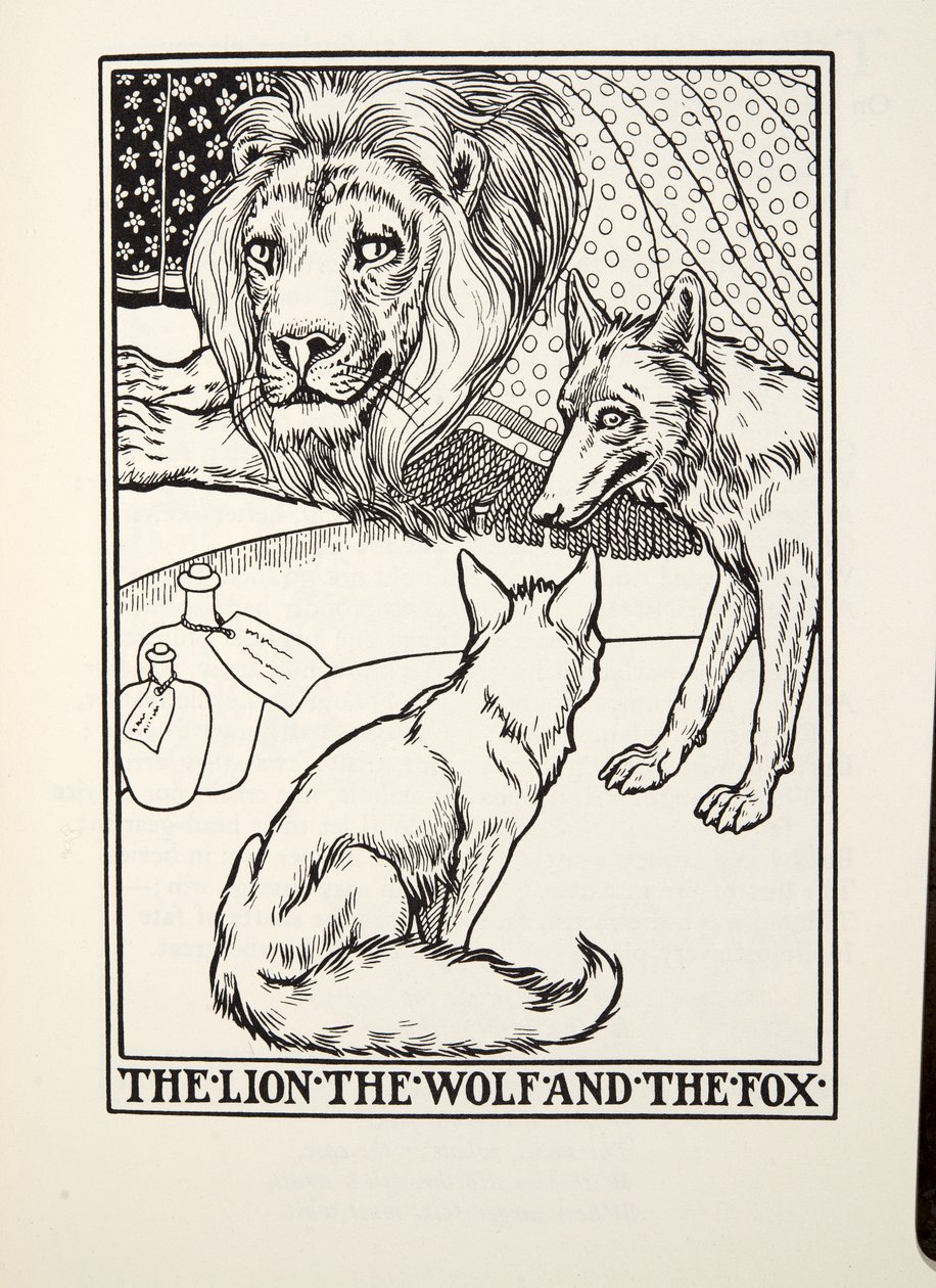 Lew, wilk i lis, z Fontaine Fables, wyd. 1905 autorstwa Percy J. Billingshurst