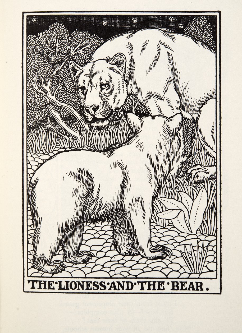 Lwica i niedźwiedź, z Fontaine Fables, wyd. 1905 autorstwa Percy J. Billingshurst