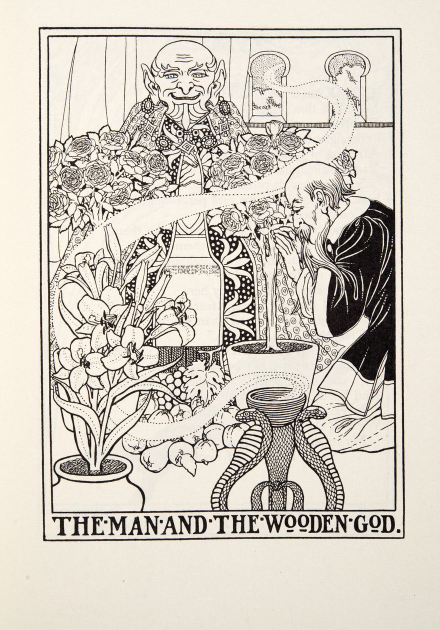 Człowiek i drewniany bóg, z Fontaine Fables, wyd. 1905 autorstwa Percy J. Billingshurst