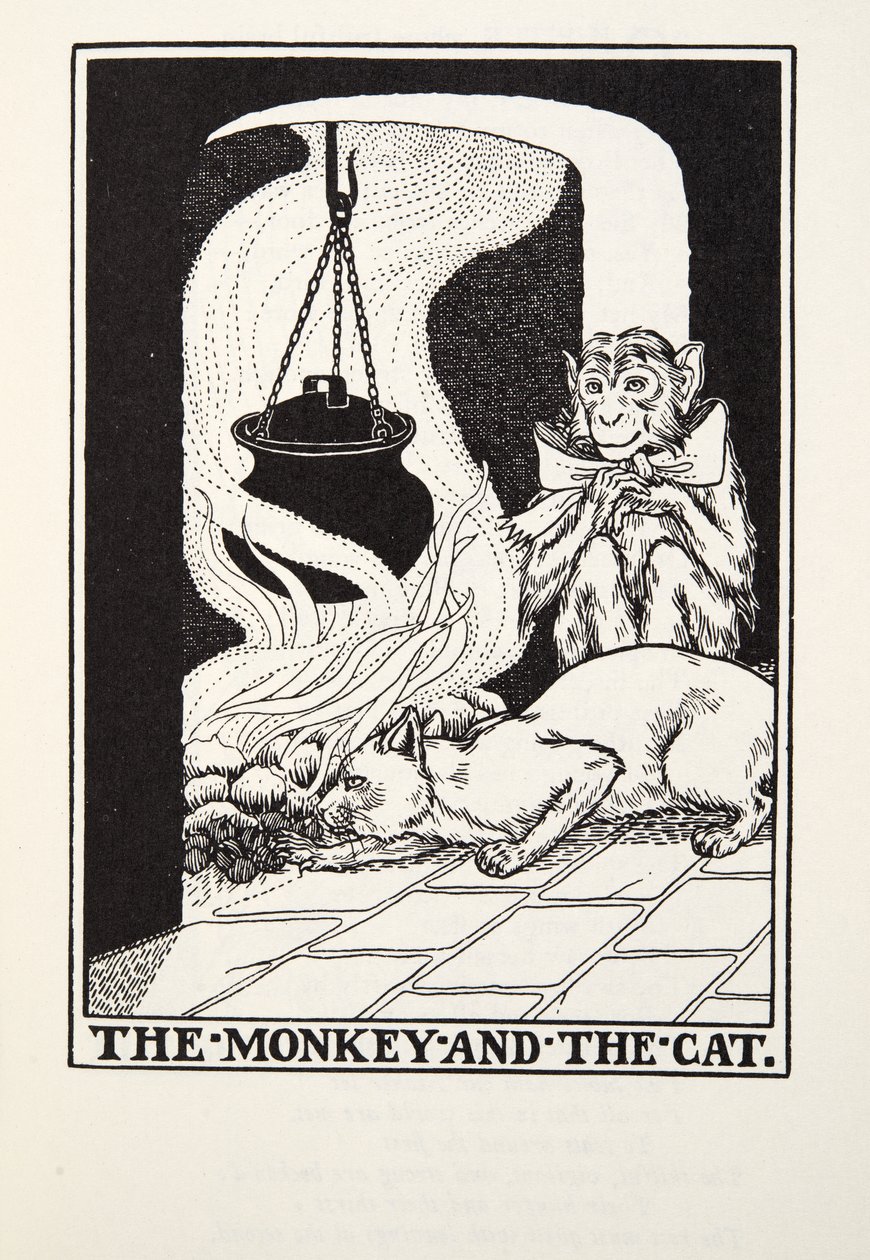 Małpa i kot, z Fontaine Fables, wyd. 1905 autorstwa Percy J. Billingshurst