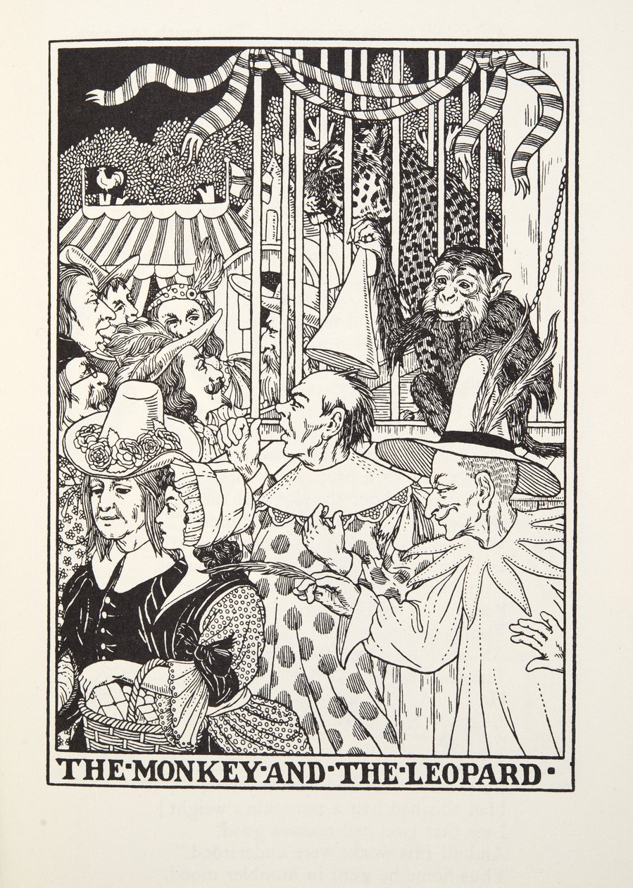 Małpa i lampart, z Fontaine Fables, wyd. 1905 autorstwa Percy J. Billingshurst