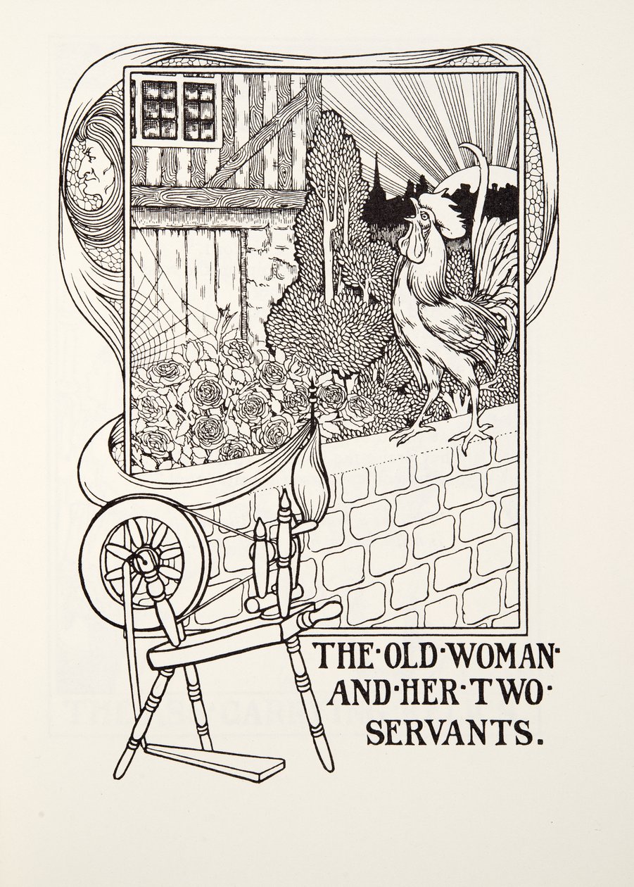 Stara kobieta i jej dwie służące, z Fontaine Fables, wyd. 1905 (grawerowanie) autorstwa Percy J. Billingshurst