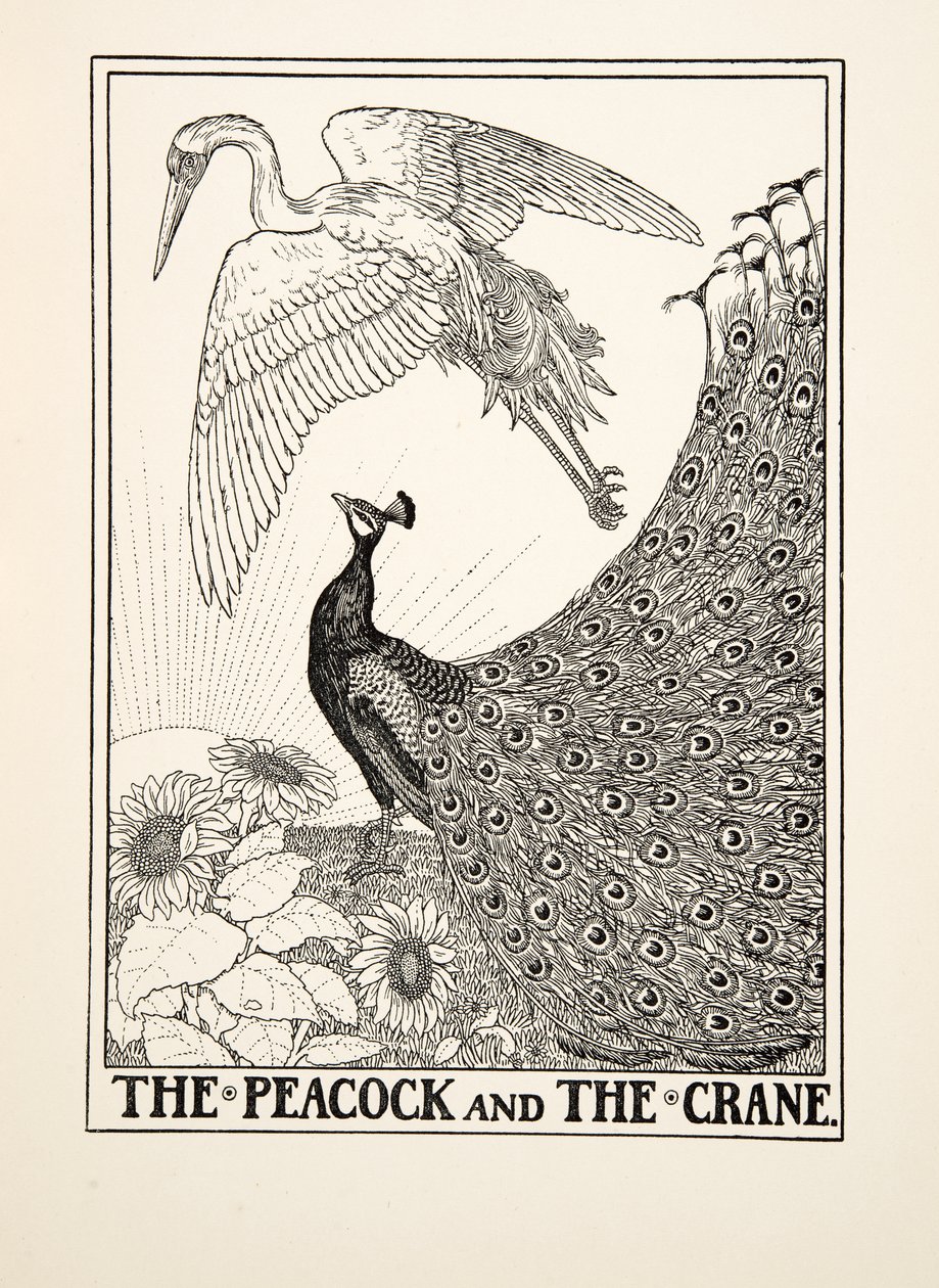 Paw i żuraw, z Stu bajek Ezopa, wyd. 1903 autorstwa Percy J. Billingshurst