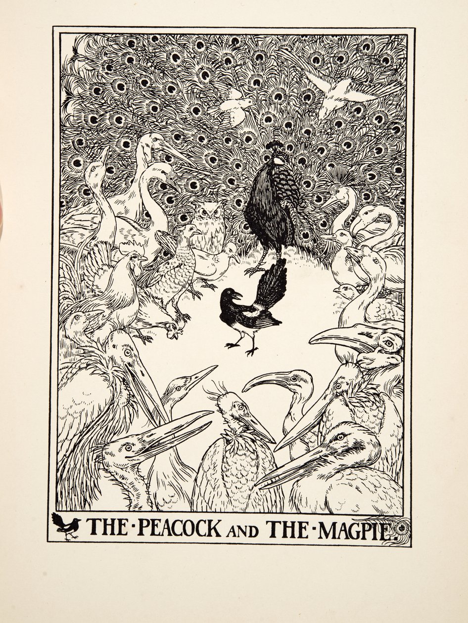 Paw i sroka, z Stu bajek Ezopa, wyd. 1903 (rycina) autorstwa Percy J. Billingshurst