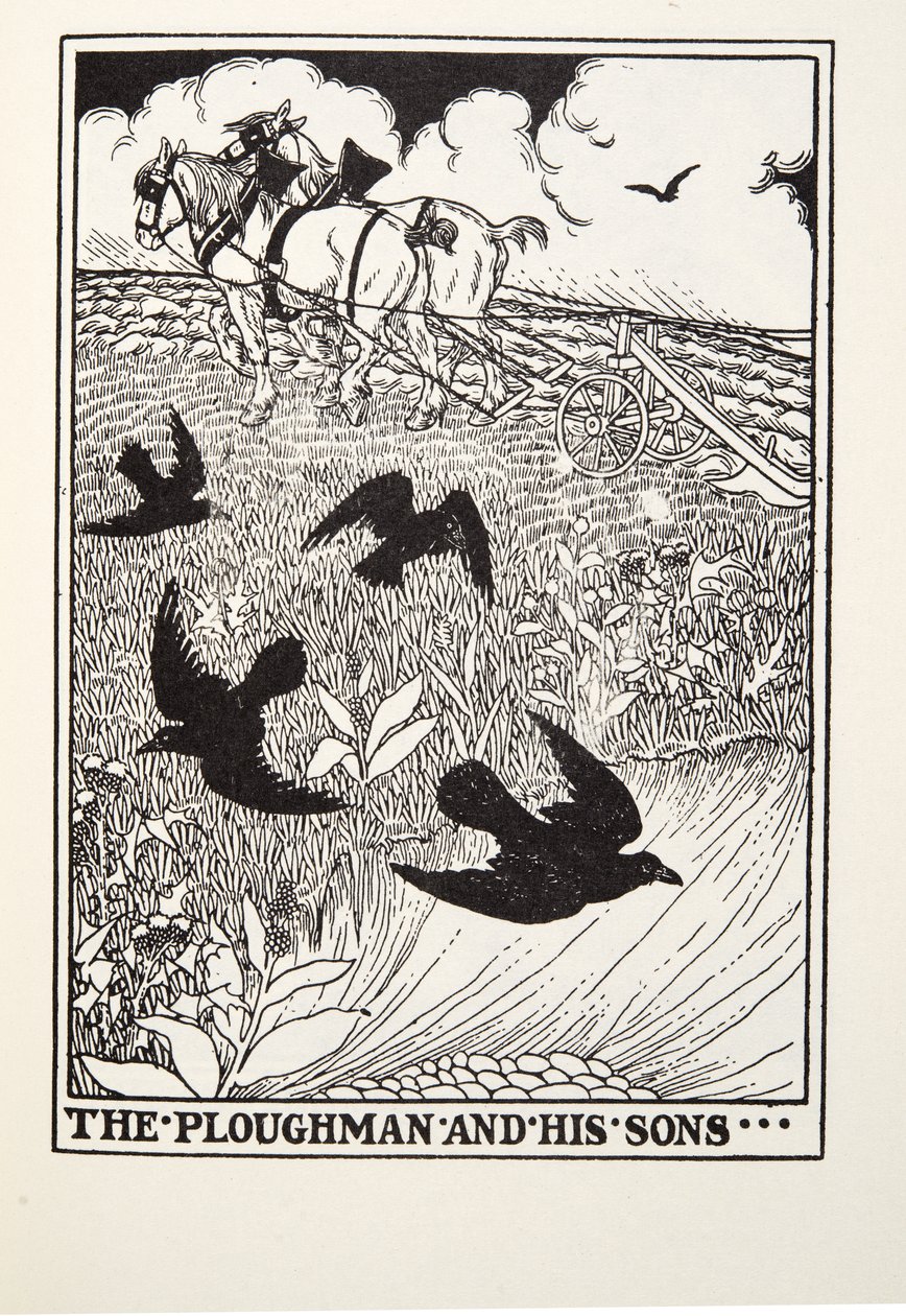 Oracz i jego synowie, z Fontaine Fables, wyd. 1905 autorstwa Percy J. Billingshurst