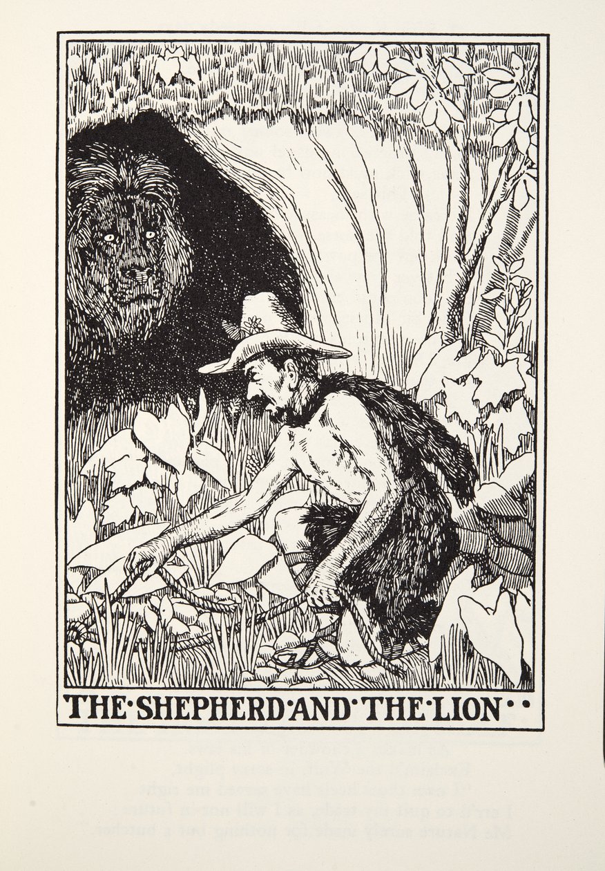 Pasterz i lew, z Fontaine Fables, wyd. 1905 autorstwa Percy J. Billingshurst