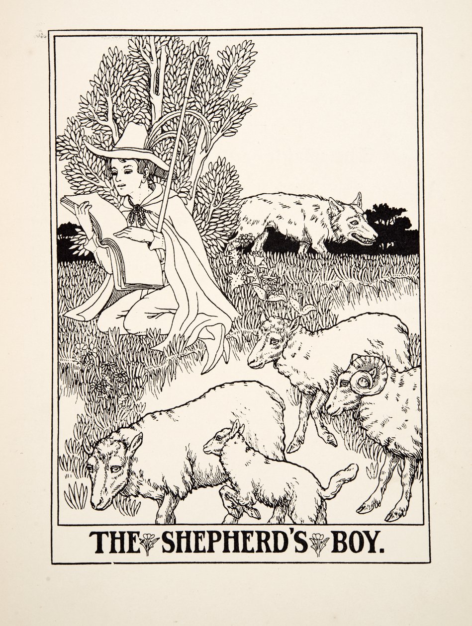Chłopiec pasterz, ze Stu bajek Ezopa, wyd. 1903 autorstwa Percy J. Billingshurst