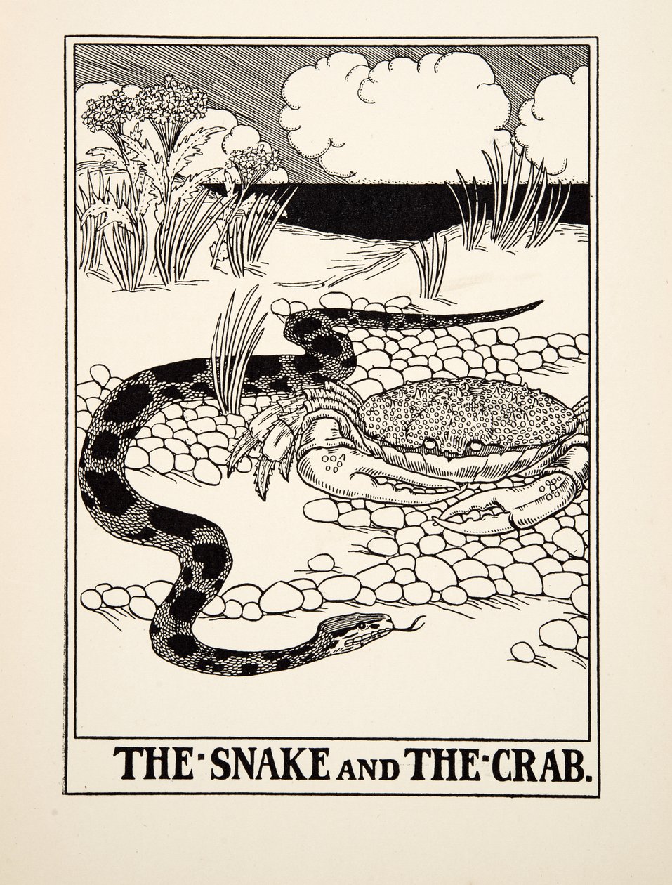 Wąż i krab, z Stu bajek Ezopa, wyd. 1903 autorstwa Percy J. Billingshurst